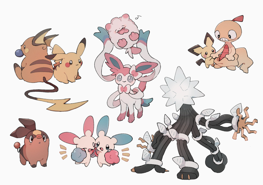 commentary_request gen_1_pokemon gen_2_pokemon gen_3_pokemon gen_5_pokemon gen_6_pokemon gen_7_pokemon highres holding holding_pokemon holding_pom_poms minun mouth_hold musical_note no_humans nodori710 notice_lines pichu pikachu plusle pokemon pokemon_(creature) pom_pom_(cheerleading) raichu scraggy standing swirlix sylveon tepig ultra_beast xurkitree