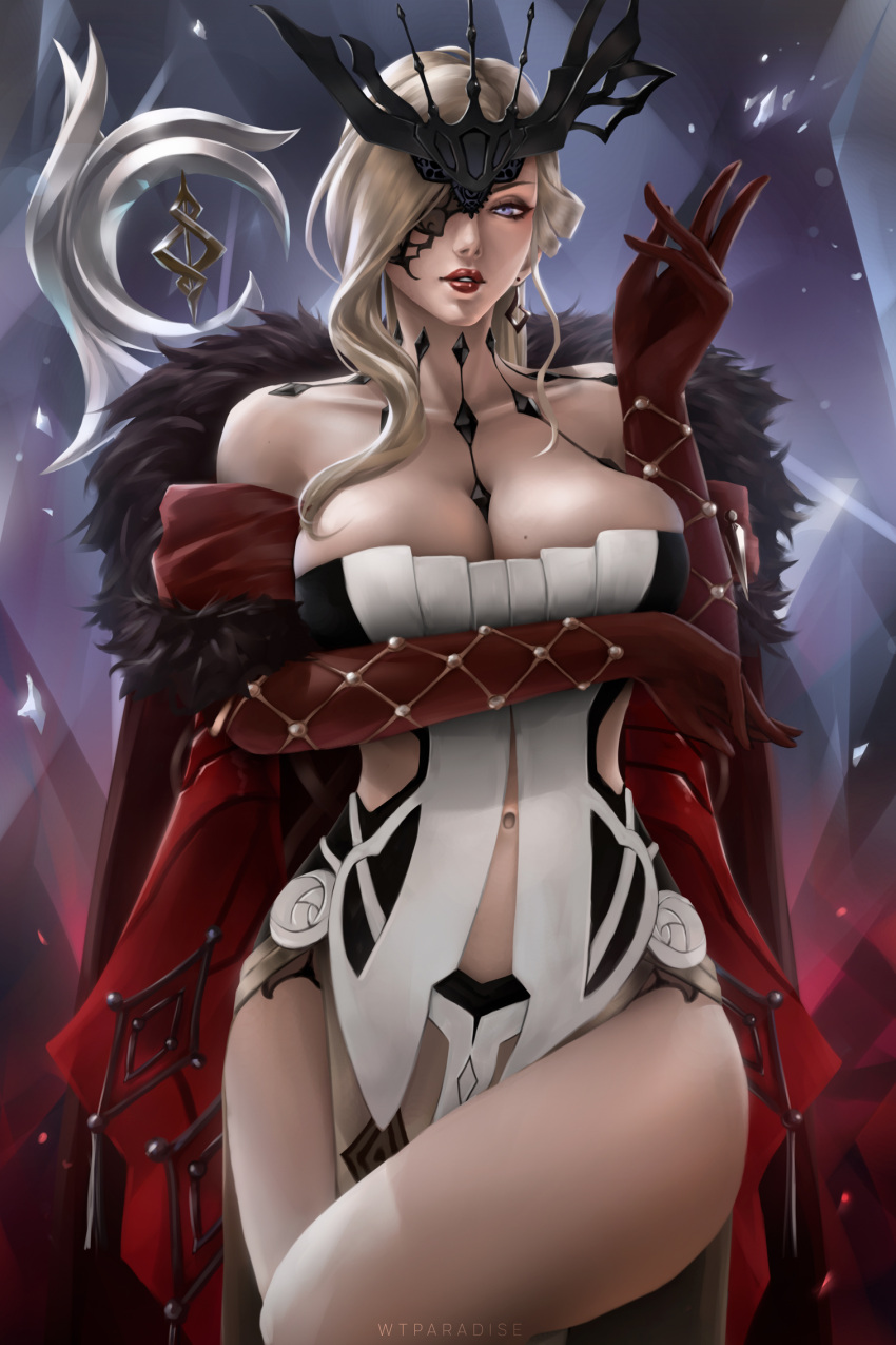 1girl arm_under_breasts bare_shoulders black_mask blonde_hair breasts cleavage coat dangle_earrings earrings fishnet_gloves fishnets fur-trimmed_coat fur_trim genshin_impact gloves half_mask headpiece highres jewelry lace-trimmed_eyepatch large_breasts mask mask_over_one_eye navel one_eye_covered red_gloves signora_(genshin_impact) thick_thighs thighs wtparadiseart