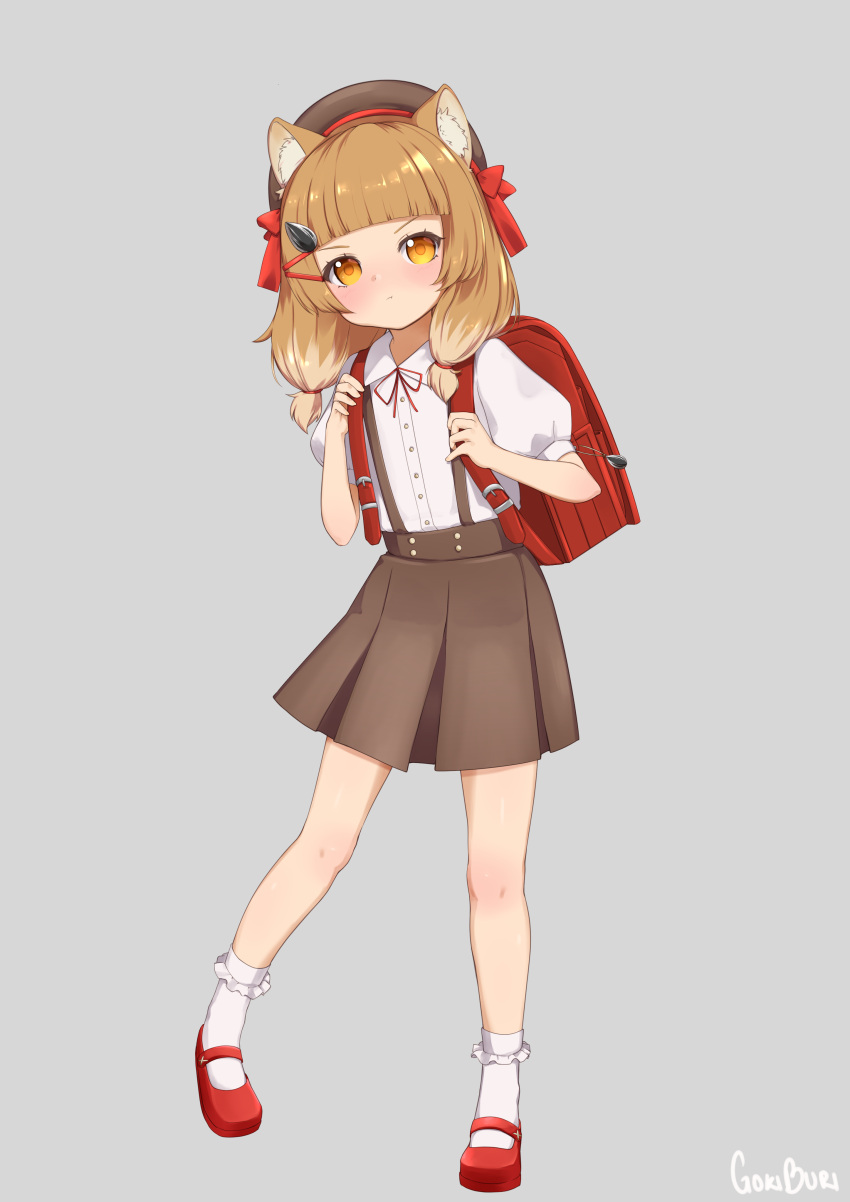 1girl absurdres animal_ear_fluff animal_ears backpack bag bangs blunt_bangs brown_eyes brown_hair brown_headwear brown_skirt full_body goki_buri grey_background hair_ornament hairclip hat highres mary_janes original pout randoseru red_footwear school_uniform seed_hair_ornament shirt shoes short_hair short_sleeves simple_background skirt solo squirrel_ears squirrel_girl suspender_skirt suspenders white_shirt