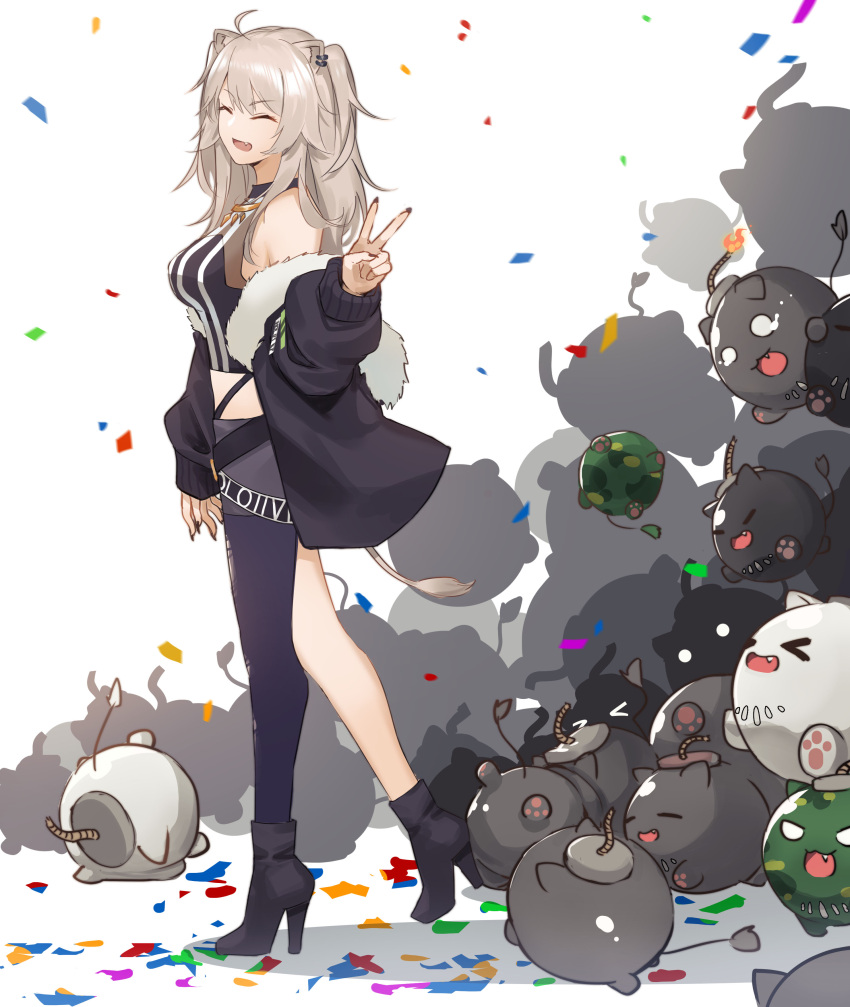&gt;o&lt; 1girl absurdres ahoge animal_ears birthday black_footwear black_jacket black_legwear black_nails black_shirt boots breasts closed_eyes commentary confetti ear_piercing eyebrows_visible_through_hair fang full_body fur-trimmed_jacket fur_trim fuse grey_skirt high_heel_boots high_heels highres hololive ina_(inadiary) jacket jewelry lion_ears lion_girl lion_tail lit_fuse long_hair looking_at_viewer medium_breasts miniskirt nail_polish necklace off_shoulder open_clothes open_jacket open_mouth piercing shirt shishiro_botan silver_hair simple_background single_thighhigh skirt sleeveless sleeveless_shirt smile solo ssrb striped striped_shirt symbol-only_commentary tail thighhighs torn_clothes torn_legwear v vertical-striped_shirt vertical_stripes virtual_youtuber walking white_background