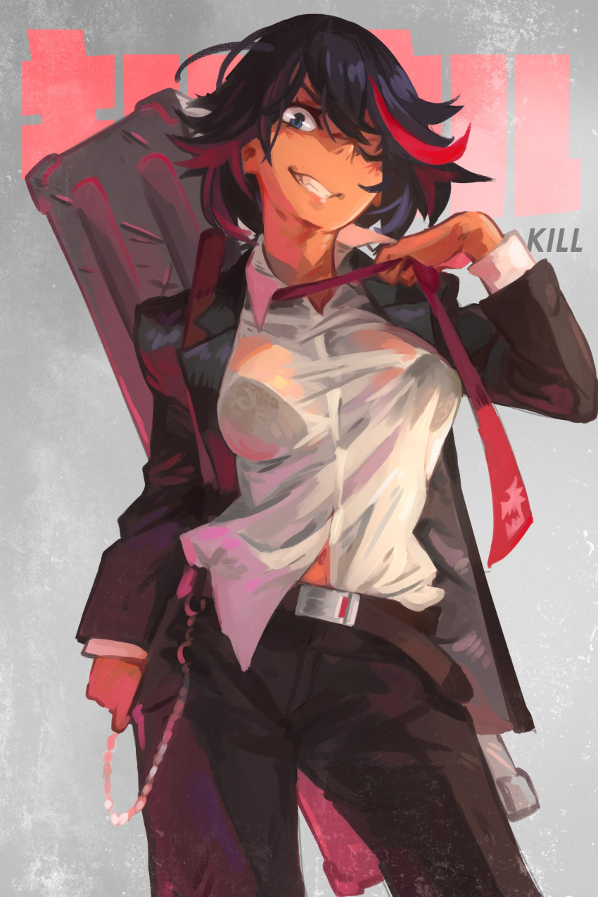 1girl absurdres alternate_costume belt black_bra black_hair black_jacket black_pants bra bra_through_clothes breasts grin hair_over_one_eye highres jacket khyleri kill_la_kill looking_at_viewer loose_necktie matoi_ryuuko medium_breasts multicolored_hair navel necktie one_eye_closed pants red_hair red_neckwear shirt short_hair smile solo streaked_hair underwear weapon_case white_shirt