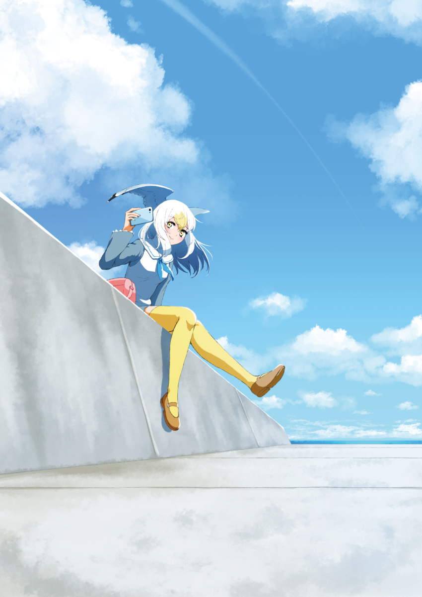 1girl bag bangs bird_wings blonde_hair blue_sky brown_footwear cellphone cloud commentary_request common_gull_(kemono_friends) condensation_trail day head_wings highres kemono_friends long_hair long_sleeves looking_at_viewer multicolored_hair outdoors phone shoes sitting sky smartphone smile solo stylecase thighhighs two-tone_hair white_hair wings yellow_eyes yellow_legwear