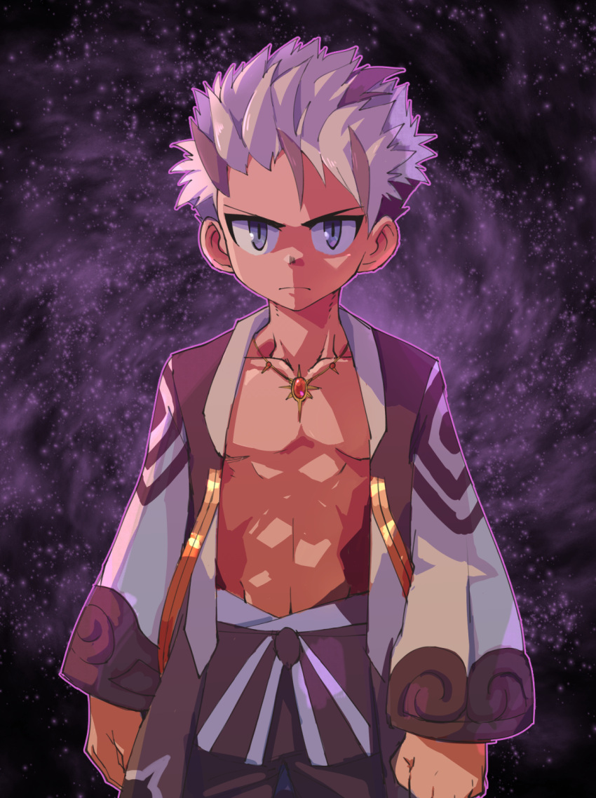 1boy abs character_request child colored_skin commentary gem highres jewelry kabon_(b00902061) looking_at_viewer male_focus multicolored_hair muscular muscular_male orange_skin purple_eyes purple_hair scar scar_on_chest scared solo starry_background tales_of_(series) tales_of_symphonia tower_of_saviors white_hair