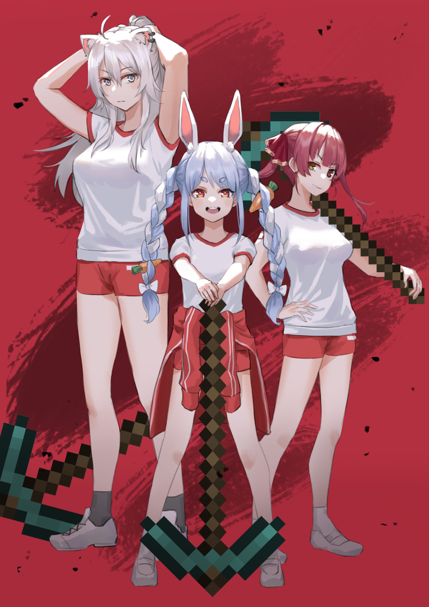 3girls absurdres adjusting_hair ahoge alternate_costume animal_ear_fluff animal_ears arms_up braid breasts carrot_hair_ornament chinese_commentary closed_mouth clothes_around_waist commentary cross-laced_footwear crossover ear_piercing eyebrows_visible_through_hair flat_chest food-themed_hair_ornament full_body grey_eyes grey_legwear grin gym_uniform hair_between_eyes hair_ornament hair_ribbon hand_on_hilt hand_on_hip hands_in_hair hands_together heterochromia highres holding_pickaxe hololive houshou_marine ina_(inadiary) jacket jacket_around_waist legs_apart light_blue_hair lion_ears long_hair looking_at_viewer medium_breasts medium_hair minecraft minecraft_pickaxe multicolored_hair multiple_girls open_mouth pickaxe piercing rabbit_ears red_background red_eyes red_hair red_ribbon red_shorts ribbon shirt shishiro_botan shoes short_shorts short_sleeves shorts silver_hair simple_background smile sneakers socks standing streaked_hair thick_eyebrows twin_braids twintails two-tone_hair tying_hair upper_teeth usada_pekora virtual_youtuber white_footwear white_hair white_legwear white_shirt yellow_eyes