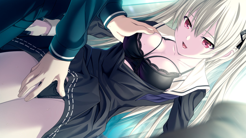 1girl 1other :d bangs black_dress black_panties black_ribbon breast_grab breasts cleavage clothes_lift collarbone dress dress_lift eyebrows_visible_through_hair game_cg grabbing hair_between_eyes hair_ribbon highres kyokugen_chikan_tokuiten_2 lifted_by_another liza_volkova long_hair long_sleeves m&amp;m medium_breasts official_art open_clothes open_dress open_mouth panties red_eyes ribbon sailor_collar sailor_dress short_dress silver_hair smile twintails underwear very_long_hair white_sailor_collar