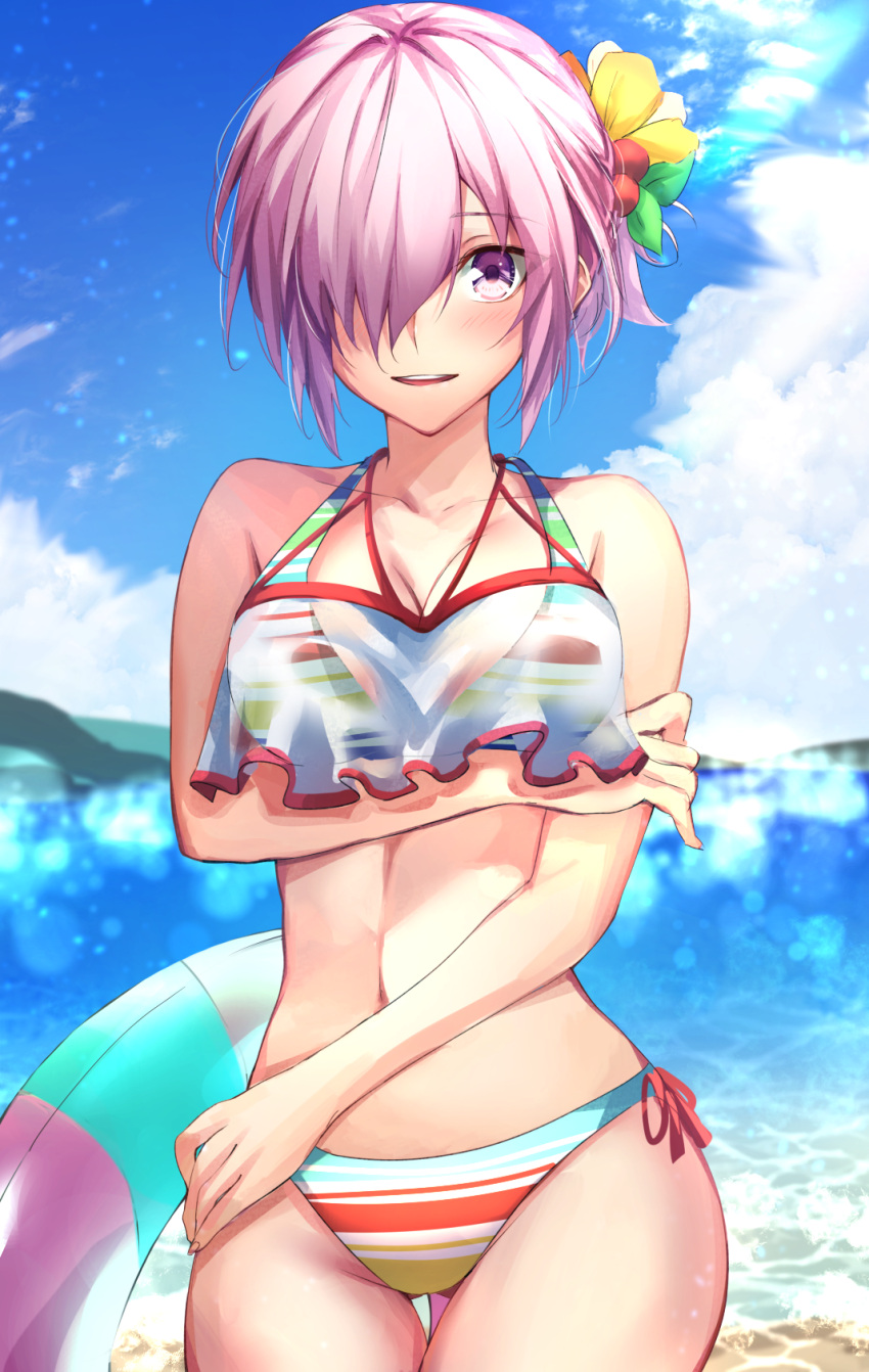 1girl bangs bare_shoulders bikini breasts cleavage collarbone fate/grand_order fate_(series) hair_over_one_eye herigaru_(fvgyvr000) highres large_breasts light_purple_hair looking_at_viewer mash_kyrielight multicolored multicolored_bikini multicolored_clothes navel purple_eyes rainbow_bikini sheer_clothes short_hair solo striped striped_bikini swimsuit swimsuit_of_perpetual_summer_ver.02 thighs