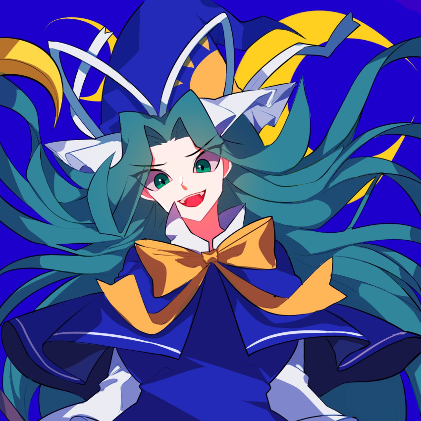 1girl bangs blue_background blue_capelet breasts capelet collared_shirt eyebrows_visible_through_hair eyes_visible_through_hair green_eyes green_hair hat head_tilt highres large_breasts long_hair long_sleeves mima_(touhou) mindoll open_mouth shirt smile solo sun_print touhou touhou_(pc-98) upper_body white_shirt witch_hat yellow_neckwear