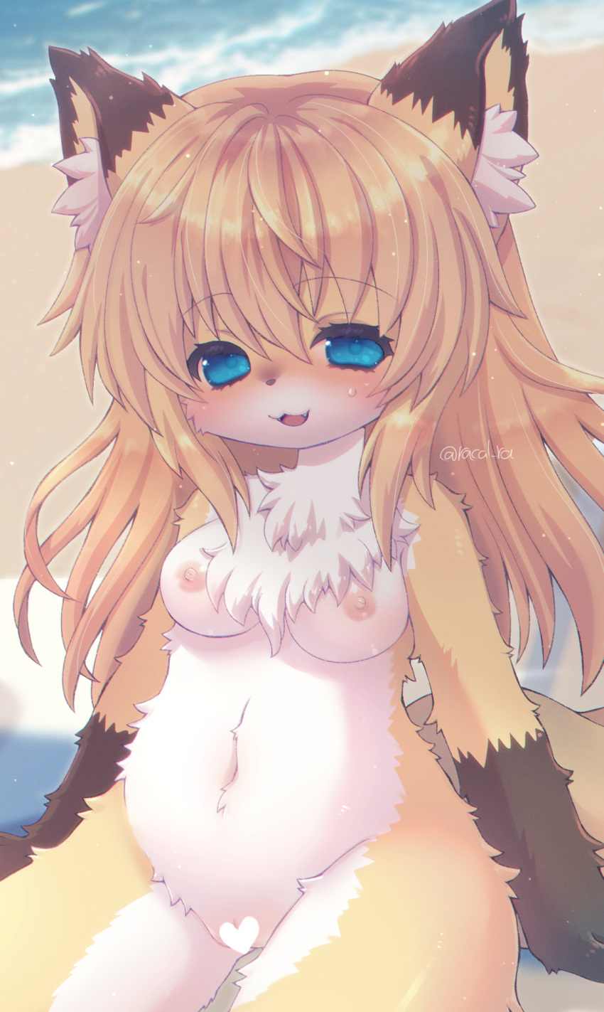 1girl animal_ear_fluff animal_ears beach blonde_hair blue_eyes blush body_fur breasts censored commentary_request fangs fox_ears fox_girl fox_tail furry furry_female groin heart heart_censor highres long_hair navel nipples nude ocean open_mouth original outdoors pussy racal_ra sitting small_breasts smile solo tail thighs