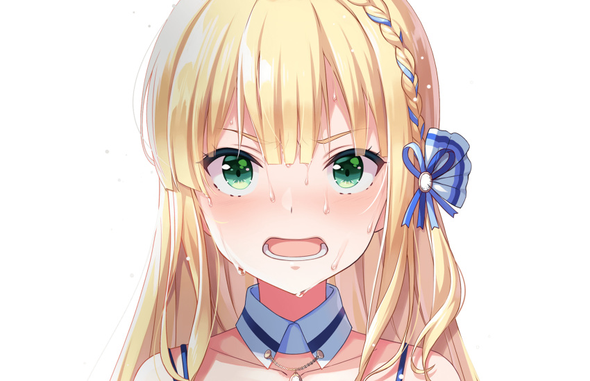 1girl bangs blonde_hair blush braid close-up collar collarbone cygames eyebrows_visible_through_hair face flying_sweatdrops frown green_eyes hair_ornament hair_ribbon highres ichinose_rei idoly_pride looking_ahead looking_at_viewer lower_teeth official_art open_mouth ribbon shoulders sweat sweating_profusely teeth