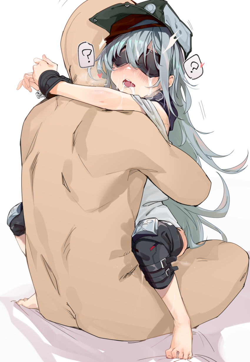 1boy 1girl ? barefoot black_blindfold blindfold blush clothed_female_nude_male clothed_sex commission g11_(girls'_frontline) girls'_frontline grey_hair hat heart hetero highres long_hair nude open_mouth scarf shirt simple_background skeb_commission solo_focus spoken_question_mark straddling uno_ryoku upright_straddle white_background white_shirt