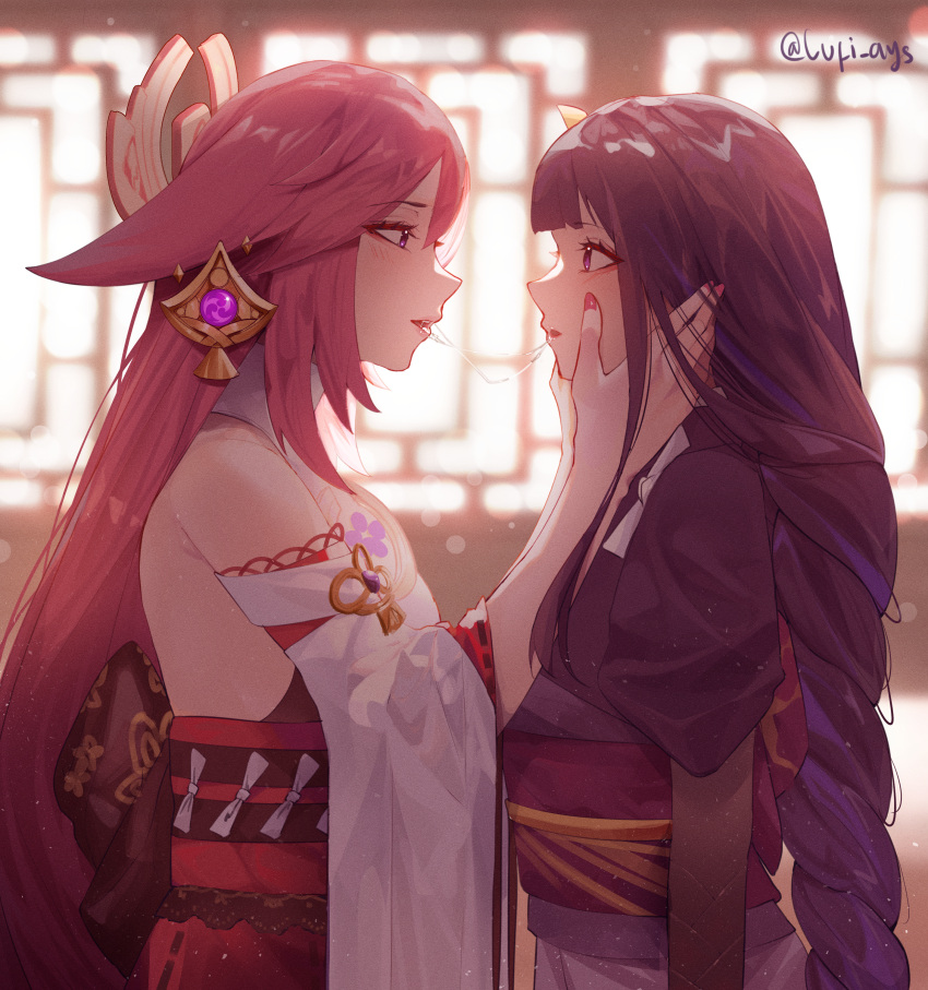 2girls absurdres after_kiss artist_name assertive_female bangs bare_shoulders blunt_bangs blush bow bowtie braid eye_contact face-to-face from_side genshin_impact hair_ornament hands_on_another's_face highres huge_filesize japanese_clothes kimono long_hair looking_at_another lufi_ays miko multiple_girls open_mouth pink_hair purple_eyes purple_hair raiden_shogun saliva saliva_trail wide_sleeves yae_(genshin_impact) yukata yuri