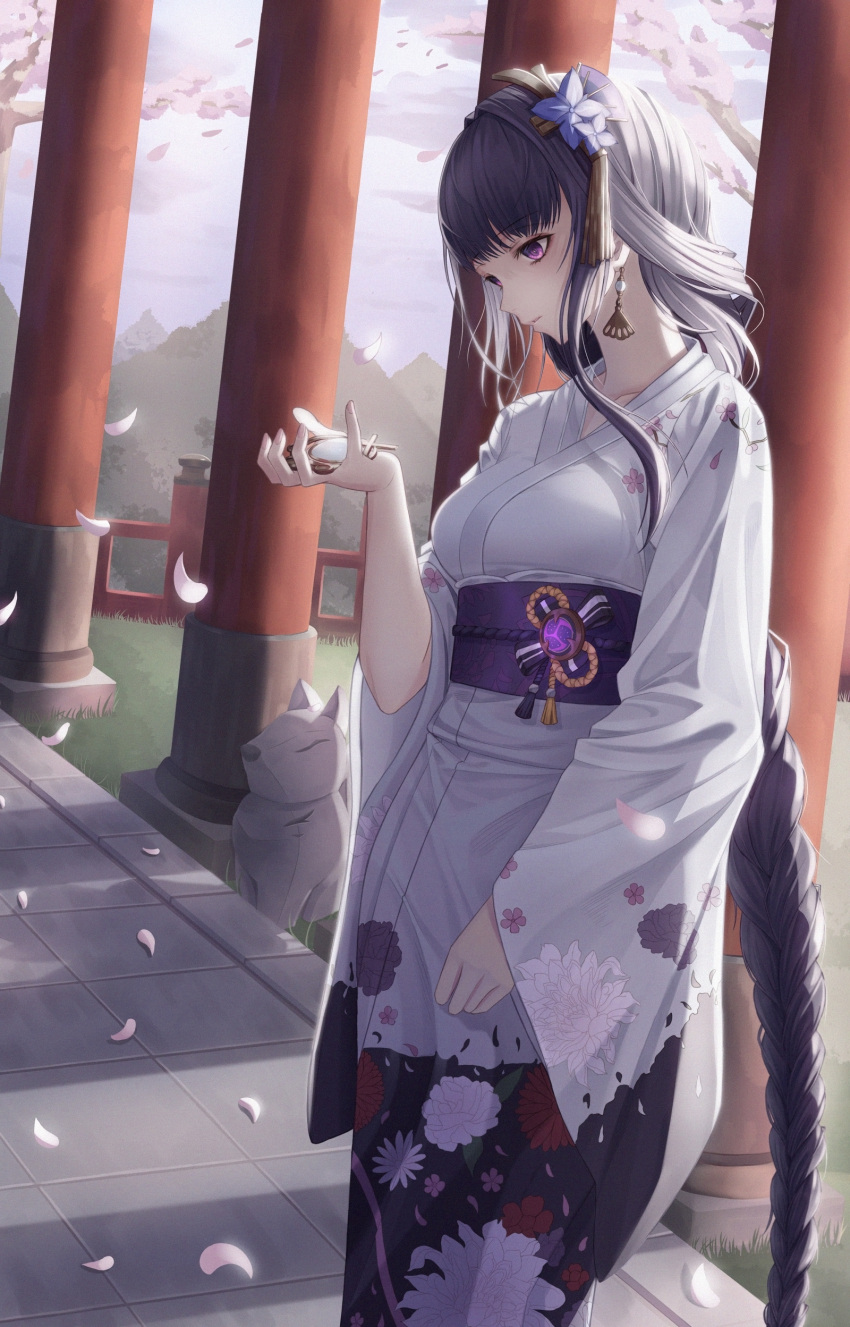 1girl absurdres bangs braid breasts cherry_blossoms commentary day earrings english_commentary falling_petals floral_print flower genshin_impact hair_ornament highres holding japanese_clothes jewelry kimono large_breasts long_hair long_sleeves obi obiage obijime parted_lips petals purple_eyes purple_flower purple_hair raiden_shogun sash slime_nyang solo tassel vision_(genshin_impact) wide_sleeves