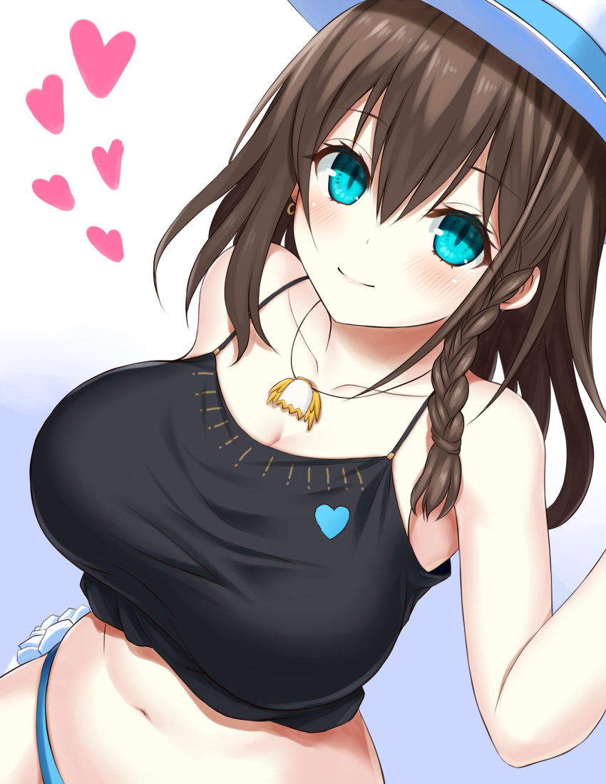 1girl asamura_hiori bangs bare_shoulders bikini black_bikini blue_bikini braid breasts brown_hair charlotte_corday_(fate) charlotte_corday_(swimsuit_caster)_(fate) cleavage collarbone fate/grand_order fate_(series) flower green_eyes hat heart highres jewelry large_breasts looking_at_viewer mismatched_bikini navel necklace pendant short_hair side_braid smile solo sun_hat swimsuit thighs white_headwear