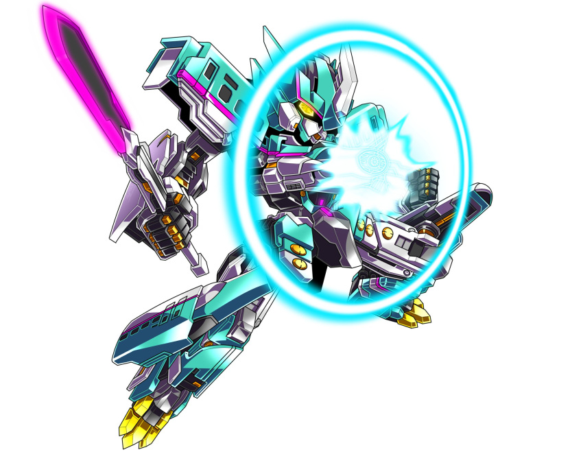 chibi commission e5_hayabusa_(shinkalion) floating glowing glowing_eyes heyzan highres holding holding_sword holding_weapon looking_ahead mecha no_humans science_fiction shinkansen_henkei_robo_shinkalion solo sword weapon white_background yellow_eyes