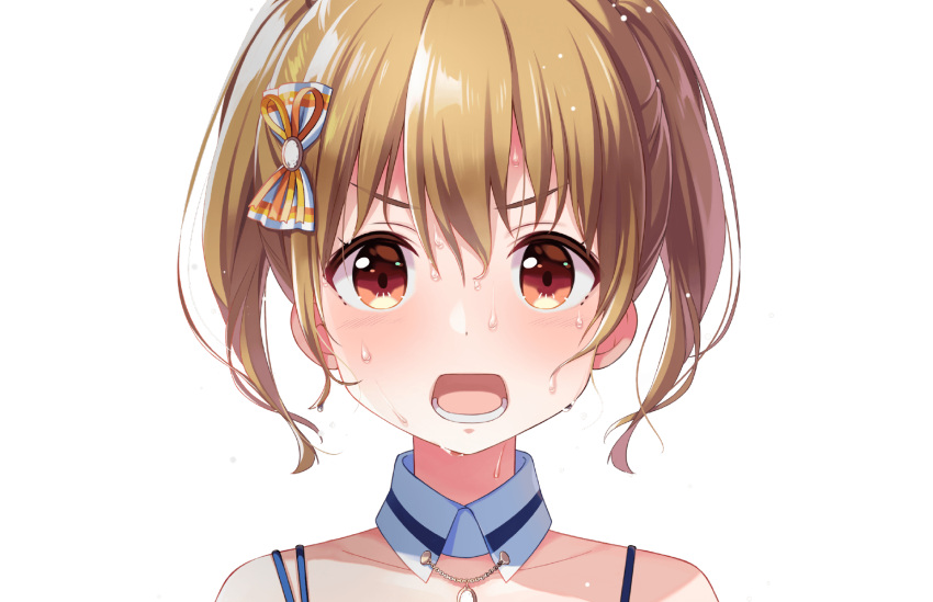 1girl bangs blush bow close-up collar collarbone cygames dripping eyebrows_visible_through_hair face flying_sweatdrops hair_bow highres idoly_pride kawasaki_sakura looking_ahead looking_at_viewer lower_teeth official_art open_mouth orange_bow orange_eyes orange_hair shoulders strap sweat sweating_profusely teeth twintails wet wet_hair