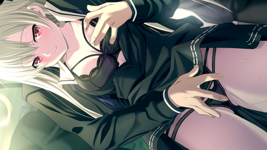 1girl bangs black_bra black_dress black_panties blush bra breast_grab breasts cleavage closed_mouth clothes_lift collarbone cowboy_shot dress dress_lift eyebrows_visible_through_hair fingering fingering_through_clothes fingering_through_panties game_cg grabbing grabbing_from_behind hair_between_eyes highres kyokugen_chikan_tokuiten_2 lifted_by_another liza_volkova long_hair looking_at_viewer m&amp;m medium_breasts multi-strapped_panties official_art open_clothes open_dress panties pussy_juice red_eyes sailor_dress short_dress silver_hair smile solo_focus straight_hair sweatdrop through_clothes underwear