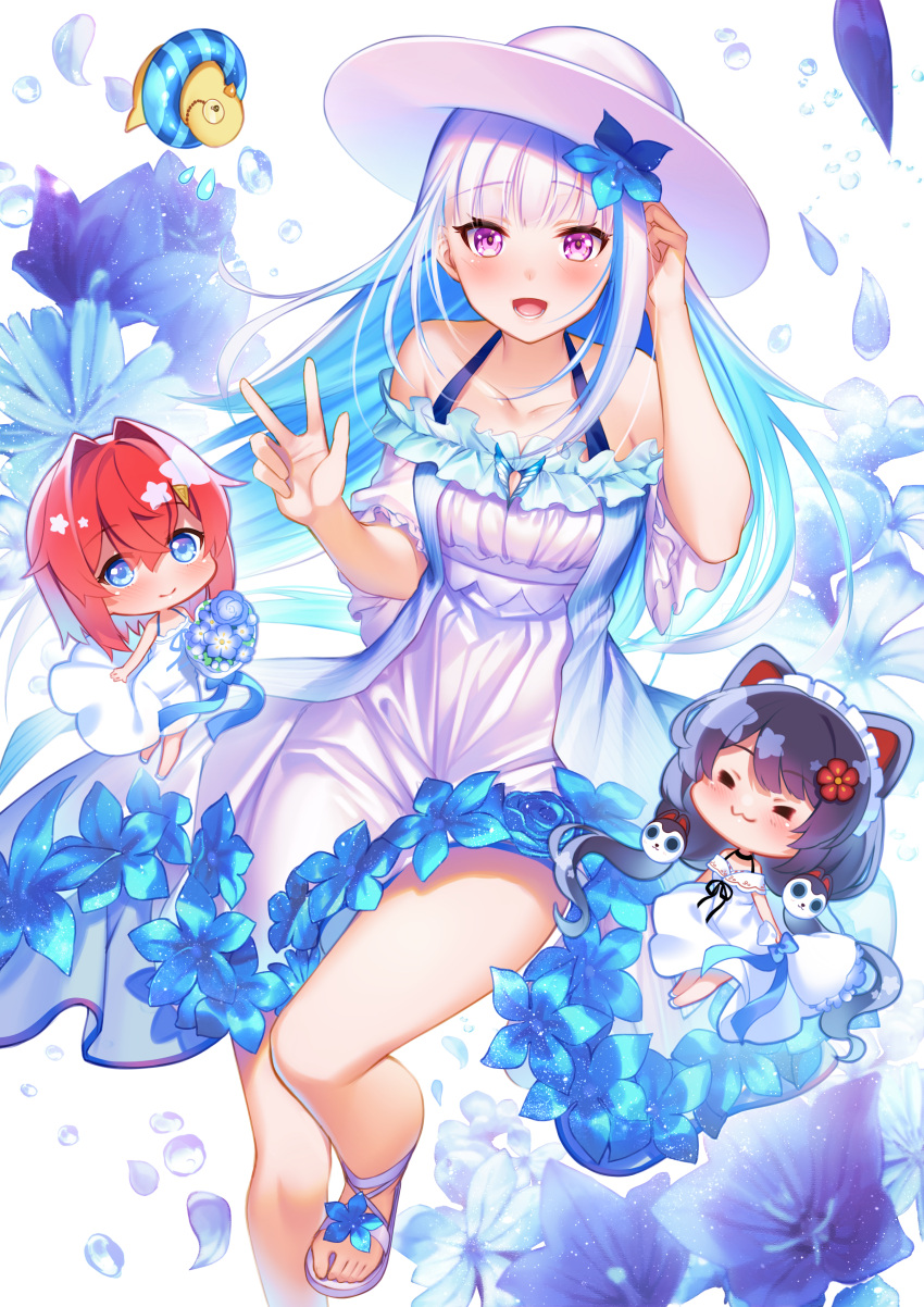 3girls :3 :d absurdres ange_katrina animal_ears arm_up bangs bare_shoulders black_hair blue_eyes blue_flower blue_hair blush chibi closed_mouth collarbone colored_inner_hair commentary_request dog_ears dog_hair_ornament dress eyebrows_visible_through_hair flower flower_trim foot_out_of_frame hair_between_eyes hair_flower hair_ornament halter_dress halterneck hand_up hat highres innertube inui_toko lize_helesta long_hair looking_at_viewer low_twintails maid_headdress multicolored_hair multiple_girls nanafuton nijisanji off-shoulder_dress off_shoulder open_mouth petals purple_eyes red_eyes sandals sebastian_piyodore short_sleeves silver_hair smile sun_hat twintails v very_long_hair virtual_youtuber white_dress white_footwear white_headwear