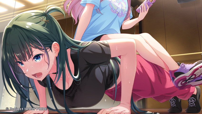 2girls blue_eyes bottle breasts cleavage cygames dripping exercise green_hair hair_ornament hairclip highres holding holding_bottle idoly_pride komiyama_ai large_breasts lights mirror multiple_girls official_art on_floor open_mouth pants pink_hair push-ups room shirt shoes sitting sitting_on_person sweat sweating_profusely sweatpants sweaty_clothes t-shirt water_bottle