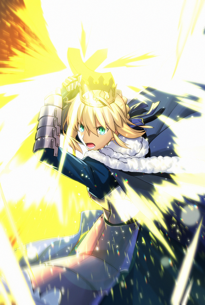 1girl absurdres ahoge armor armored_dress artoria_pendragon_(fate) blonde_hair blue_cape blue_eyes cape crown excalibur_(fate/stay_night) fate/grand_order fate/stay_night fate_(series) fur-trimmed_cape fur_trim highres huge_filesize juliet_sleeves long_sleeves puffy_sleeves saber sen_(77nuvola) solo sparks sword weapon