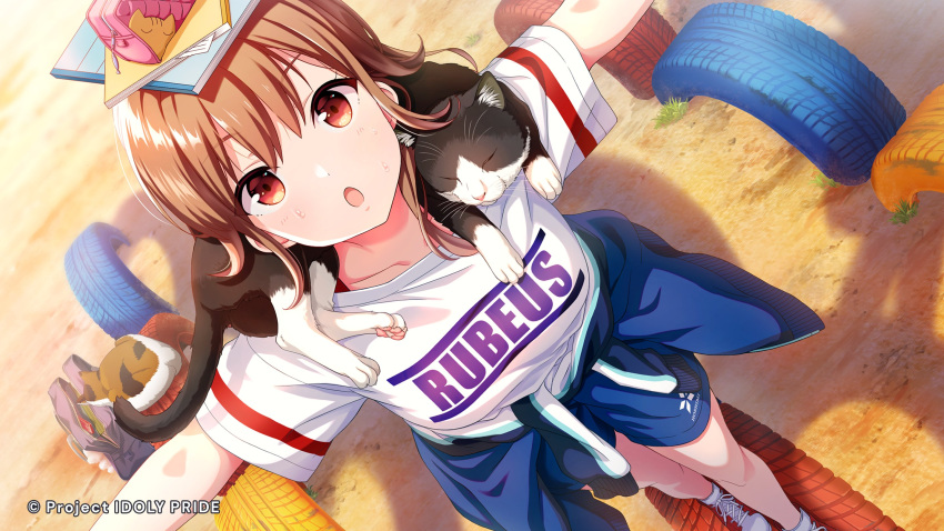 1girl :o animal balancing bangs cat clothes_around_waist cygames eyebrows_visible_through_hair hayasaka_mei highres idoly_pride jacket jacket_around_waist multiple_cats notebook official_art open_mouth orange_eyes orange_hair outdoors outstretched_arms pencil_case playground shadow shirt shoes sweat t-shirt walking