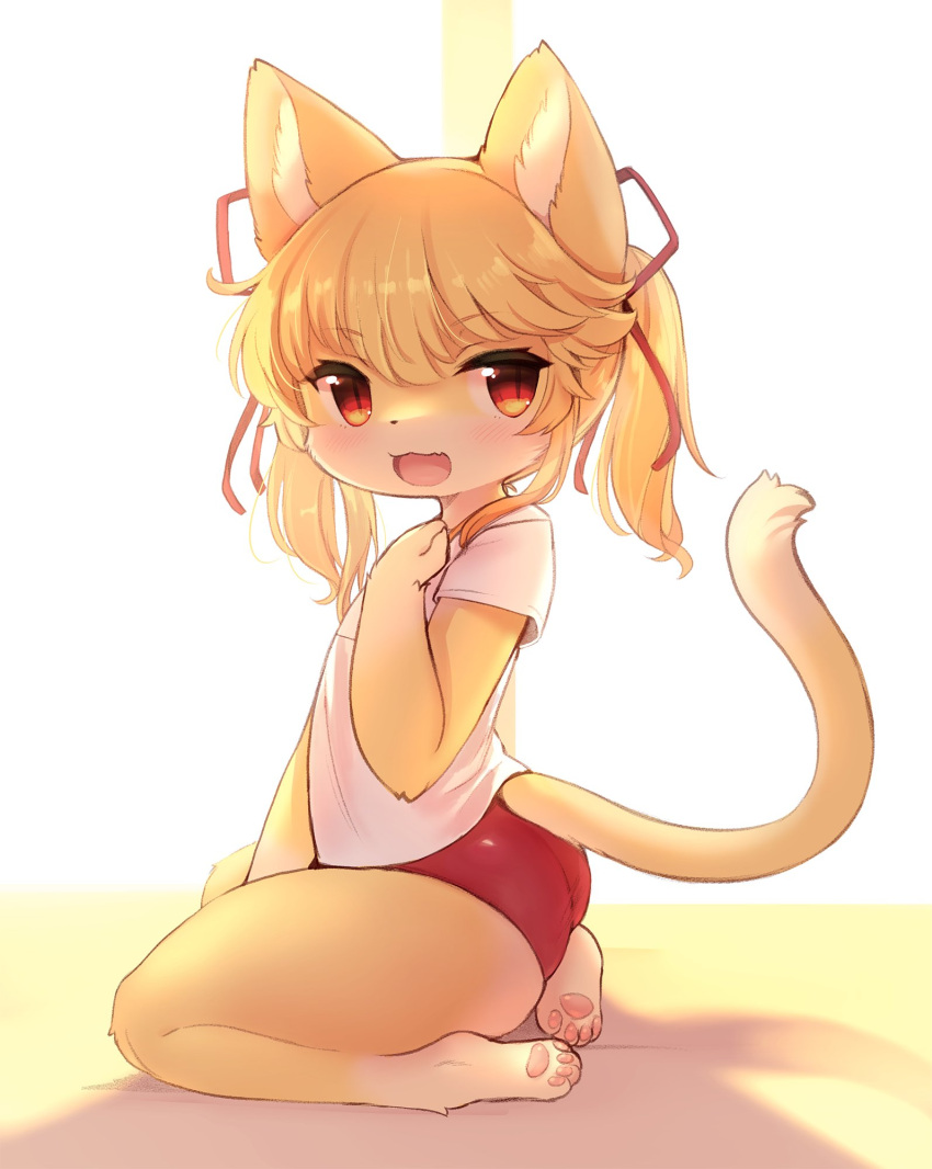 1girl animal_ear_fluff animal_ears animal_hands ass barefoot blonde_hair borrowed_character buruma cat_ears cat_girl cat_tail crunchobar feet from_side furry gym_uniform hand_on_own_chest highres legs long_hair looking_at_viewer open_mouth original red_buruma red_eyes ribbon shirt short_sleeves sitting smile solo tail thighs twintails white_shirt