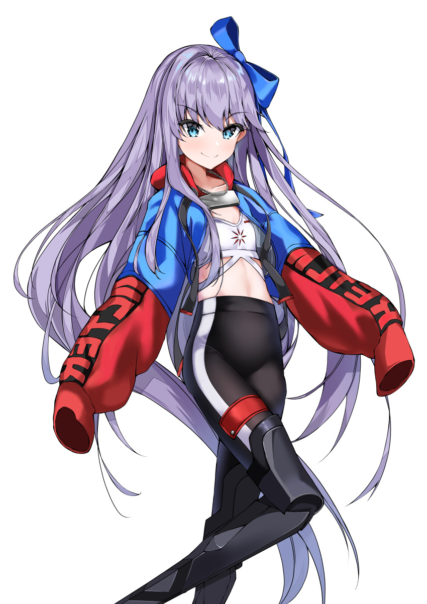 1girl absurdres bangs black_pants blue_eyes blue_jacket blue_ribbon blush breasts cropped_jacket fate/extra fate/extra_ccc fate/grand_order fate_(series) full_body hair_ribbon heroic_spirit_tour_outfit high-waist_pants highres jacket jewelry long_hair long_sleeves looking_at_viewer meltryllis_(fate) navel necklace pants prosthesis prosthetic_leg purple_hair ribbon sleeves_past_fingers sleeves_past_wrists small_breasts smile solo tor_ai very_long_hair