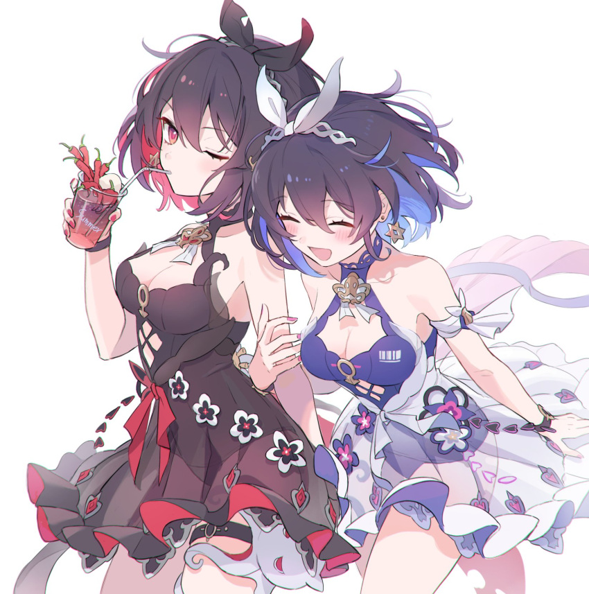 2girls armband bare_shoulders black_dress black_hair black_headwear blue_hair bow bracelet breasts chili_pepper cleavage closed_eyes cup detached_collar dress drink drinking_glass drinking_straw earrings eyebrows_visible_through_hair flower frilled_dress frills hair_between_eyes hair_ornament hexagram highres holding holding_cup honkai_(series) honkai_impact_3rd jewelry medium_hair multicolored_hair multiple_girls nasubi_(1ra1ri1ko2cho1mi2na) official_alternate_costume one_eye_closed open_mouth red_bow red_eyes red_hair red_nails see-through see-through_dress seele_(alter_ego) seele_vollerei seele_vollerei_(stygian_nymph) simple_background star_of_david strapless strapless_dress thigh_strap thighs two-tone_hair walking white_background white_bow white_dress white_headwear