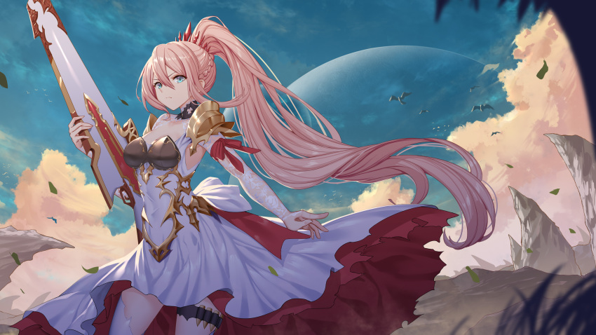 1girl absurdres bangs blue_eyes blue_sky braid breasts closed_mouth cloud commentary day dress eyebrows_visible_through_hair gunblade hair_between_eyes high_ponytail highres holding holding_weapon leaves_in_wind long_hair looking_at_viewer medium_breasts outdoors pink_hair planet ponytail roi_(liu_tian) shionne_(tales) sky solo tales_of_(series) tales_of_arise v-shaped_eyebrows very_long_hair weapon white_dress