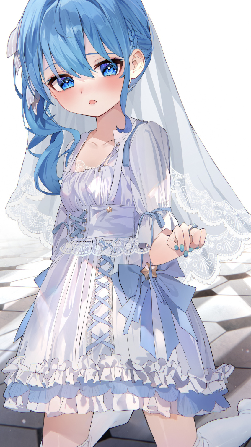 1girl absurdres bangs blue_eyes blue_hair blue_nails blush collarbone commentary_request dress eyebrows_visible_through_hair highres hololive hoshimachi_suisei jewelry kneeling looking_at_viewer ring side_ponytail solo thighhighs veil virtual_youtuber wedding_dress wedding_ring white_dress white_legwear yoru_uyo