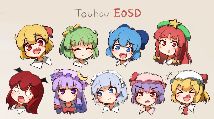 &gt;_&lt; +++ 6+girls :d :o :| ^_^ araki_hirohiko_(style) bat_wings beret blonde_hair blue_bow blue_eyes blue_hair blush bow braid chibi cirno closed_eyes closed_mouth collared_shirt copyright_name crescent crescent_hat_ornament daiyousei embodiment_of_scarlet_devil eyebrows_visible_through_hair face fang ferdy's_lab flandre_scarlet green_hair green_headwear grey_background hair_between_eyes hair_bow hair_ribbon hat hat_bow hat_ornament head_tilt head_wings highres hong_meiling izayoi_sakuya koakuma looking_at_another maid_headdress mob_cap multiple_girls no_nose o_o open_mouth patchouli_knowledge pink_headwear purple_eyes purple_hair purple_headwear red_eyes red_hair red_neckwear remilia_scarlet ribbon rumia shirt short_hair side_ponytail sidelocks silver_hair simple_background sketch smile star_(symbol) star_hat_ornament sweat touhou tress_ribbon twin_braids v-shaped_eyebrows wavy_mouth white_headwear wings xd yellow_bow yellow_ribbon