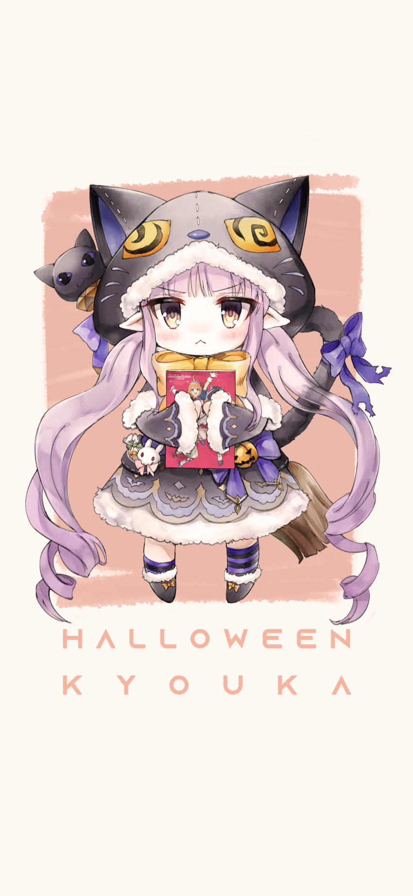 1girl :&lt; :3 absurdres animal_ears animal_hood asymmetrical_legwear bangs black_cat blunt_bangs book boots bow broom bunny_ornament cat cat_ears cat_hood cat_tail chibi curly_hair dress eyebrows_visible_through_hair full_body fur-trimmed_boots fur-trimmed_dress fur-trimmed_hood fur_trim green_bow halloween halloween_costume highres holding holding_book hood jack-o'-lantern kyouka_(princess_connect!) pecorine_(princess_connect!) pink_bow pink_hair pointy_ears pouch princess_connect! purple_bow simple_background single_thighhigh solo tail tail_bow tail_ornament thighhighs twintails two-tone_background vangee white_background yellow_bow yellow_eyes