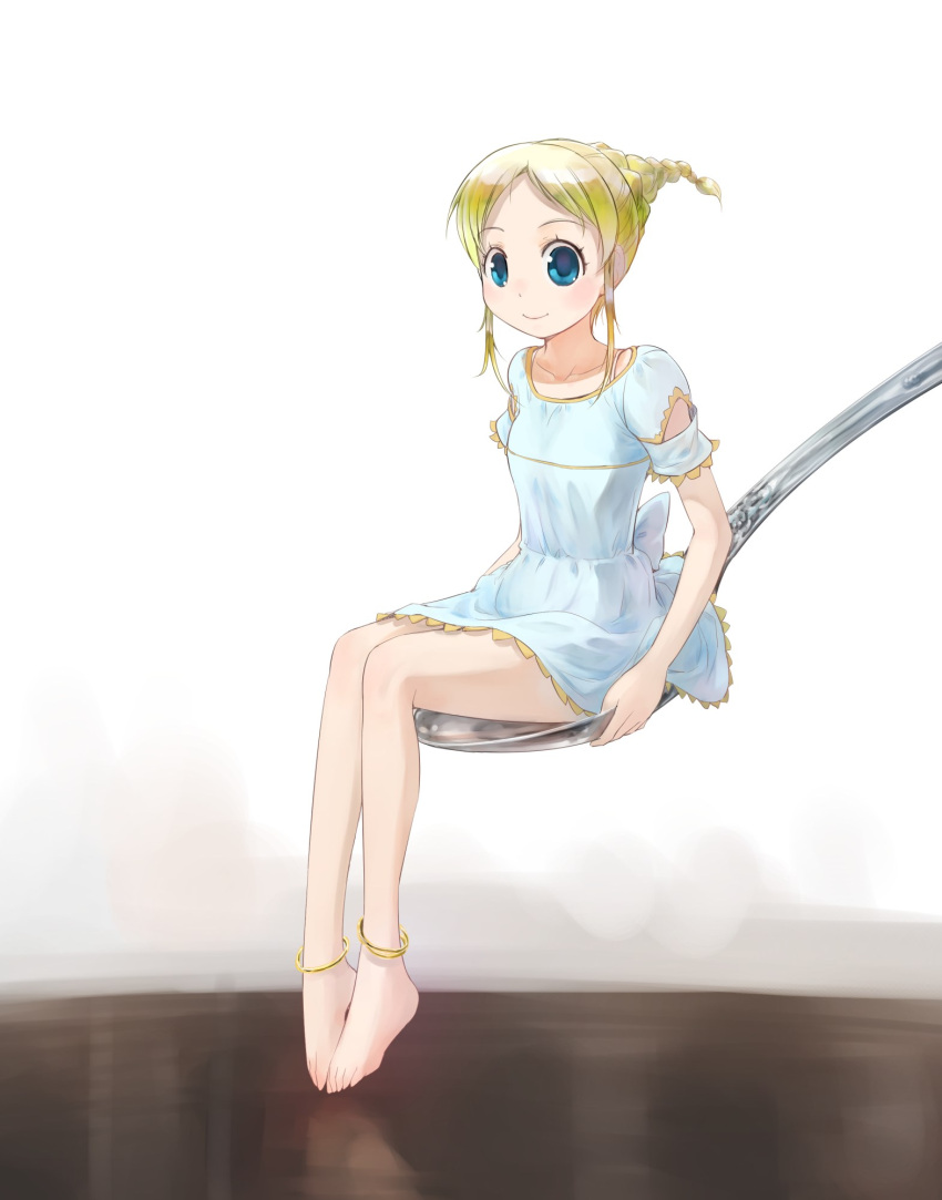 1girl anklet barefoot blonde_hair blue_eyes braid braided_ponytail closed_mouth commentary dress highres ikeda_jun_(mizutamari) jewelry lace-trimmed_dress lace_trim looking_at_viewer minigirl original redrawn short_dress short_hair sidelocks sitting smile solo spoon white_dress