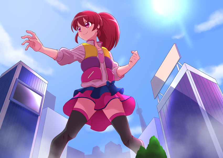 1girl absurdres aino_megumi black_legwear blue_sky building city closed_mouth cloud collarbone commission day fighting_stance from_below giant giantess happinesscharge_precure! heart heart_print highres jacket long_hair open_clothes open_jacket outdoors pink_eyes pink_hair pink_shirt pink_skirt precure print_shirt shirt skeb_commission skirt sky smile solo thighhighs tirofinire