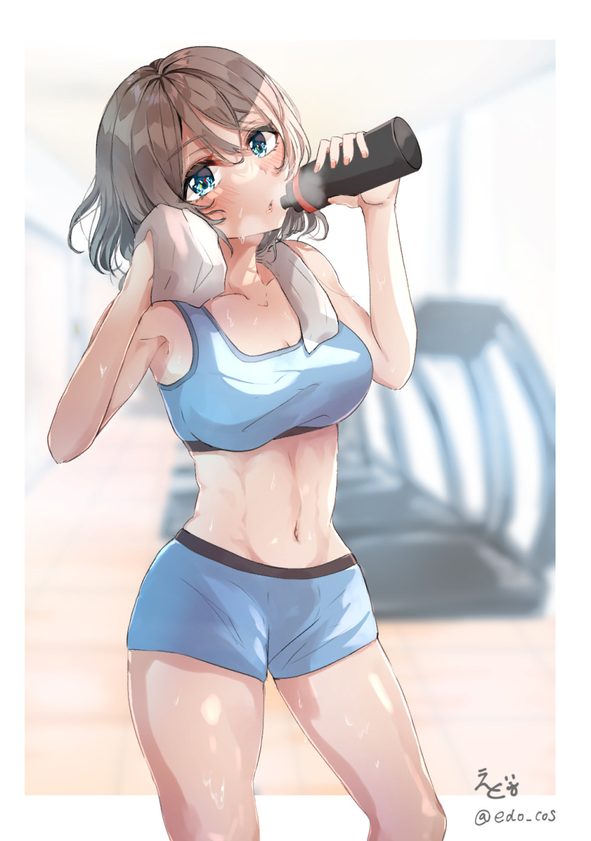 1girl abs alternate_costume armpits blue_eyes blush border bottle breasts brown_hair cleavage commission groin highres looking_at_viewer love_live! love_live!_sunshine!! medium_breasts navel open_mouth outside_border shorts sirowanwan skeb_commission solo sweat thighs towel towel_around_neck treadmill twitter_username watanabe_you water_bottle white_border
