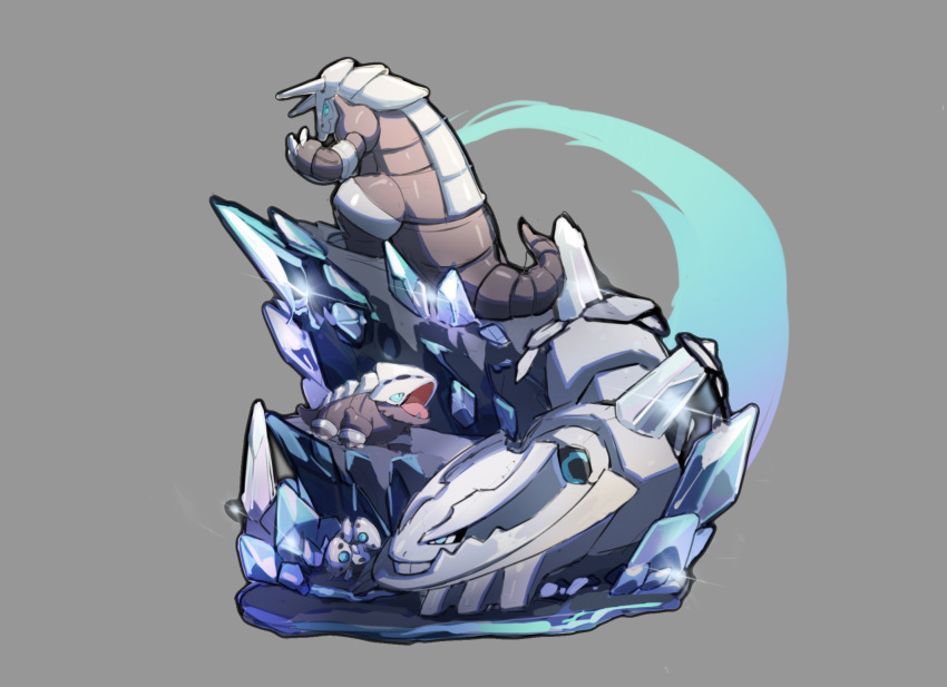 aggron aron blue_eyes claws commentary_request crystal evolutionary_line gen_2_pokemon gen_3_pokemon grey_background highres lairon lanjiujiu looking_back mega_pokemon mega_steelix no_humans open_mouth pokemon pokemon_(creature) shiny standing steelix teeth tongue