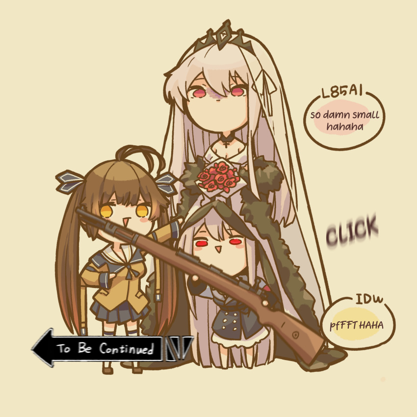 3girls absurdres alternate_language breasts brown_hair chuo8008 dress english_text girls'_frontline highres kar98k_(girls'_frontline) long_hair m14_(girls'_frontline) multiple_girls official_alternate_costume orange_eyes red_eyes to_be_continued twintails very_long_hair wedding_dress white_hair