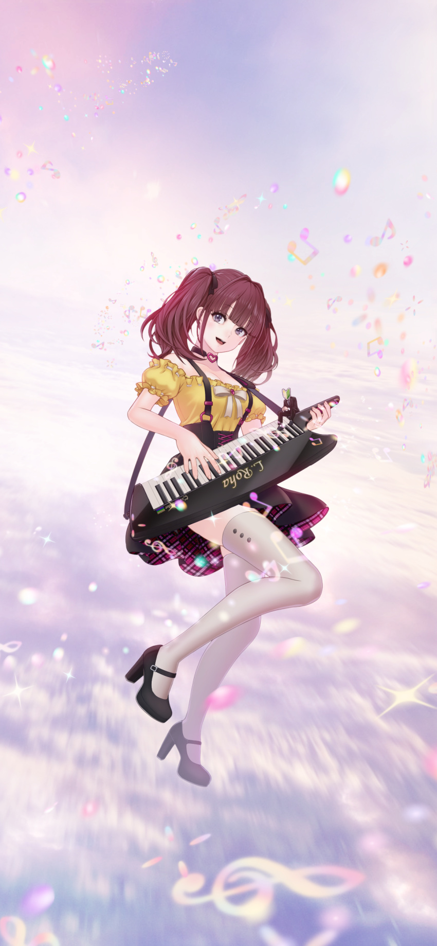 1girl absurdres bangs black_skirt brown_hair commission floating frilled_shirt frills highres instrument keytar lee_roha looking_at_viewer nijisanji nijisanji_kr off-shoulder_shirt off_shoulder open_mouth purple_eyes sacra_(padurea) shirt skeb_commission skirt sky smile solo suspenders thighhighs twintails virtual_youtuber white_legwear yellow_shirt