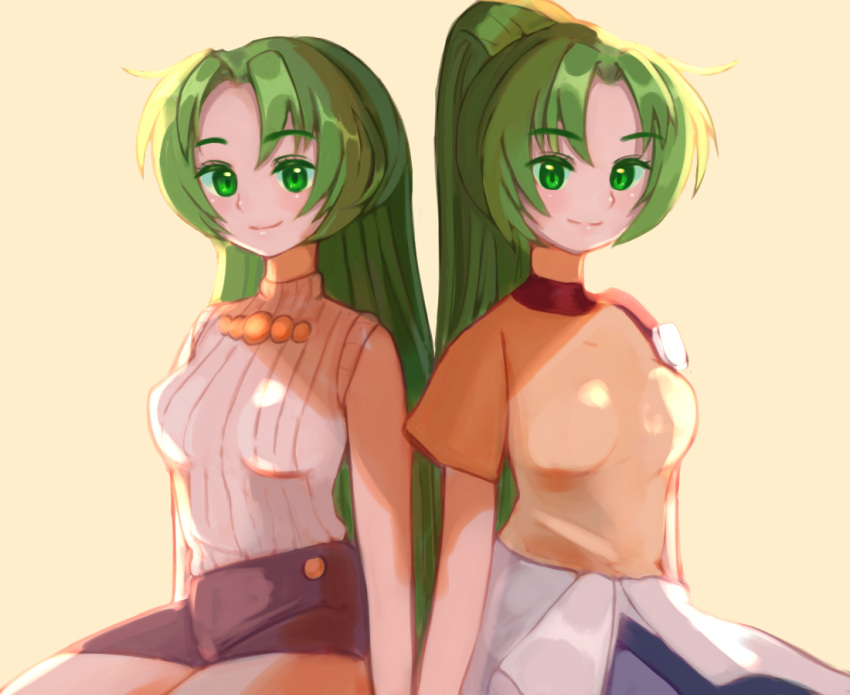 2girls breasts clothes_around_waist green_eyelashes green_eyes green_hair high_ponytail higurashi_no_naku_koro_ni long_hair looking_at_viewer medium_breasts multiple_girls omiotu pants shirt shorts siblings side-by-side sleeveless sleeveless_sweater smile sonozaki_mion sonozaki_shion sweater sweater_around_waist t-shirt turtleneck twins white_sweater yellow_background yellow_shirt