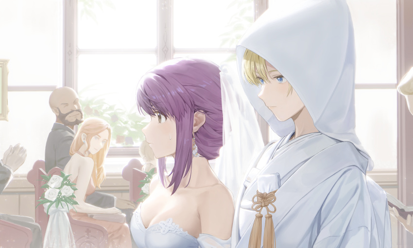 1boy 3girls blonde_hair blue_eyes breasts bridal_veil cleavage closed_mouth dress flower from_side highres kaleido_star layla_hamilton multiple_girls naegino_sora purple_hair rekari_(rekari628) standing sweat veil wedding_dress yuri