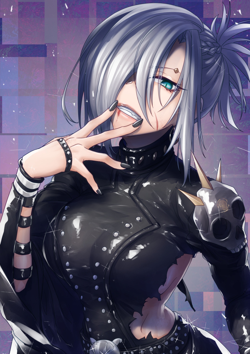 1girl absurdres aqua_eyes black_nails braid breasts girls'_frontline highres large_breasts mg5_(girls'_frontline) official_alternate_costume pote0508 scar short_hair silver_hair slit_pupils solo