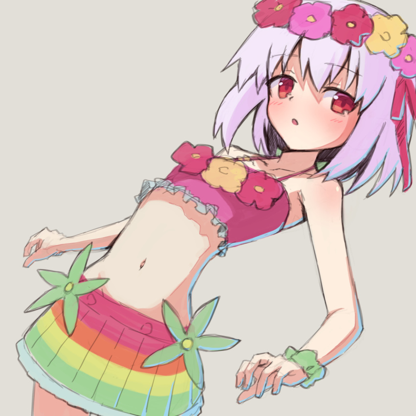 1girl bangs bare_shoulders bikini blush breasts eyebrows_visible_through_hair fate/grand_order fate_(series) flower flower_necklace flower_wreath hair_ribbon head_wreath hibun_tsukasa highres jewelry kama_(fate) looking_at_viewer miniskirt navel necklace open_mouth pink_bikini rainbow_skirt red_eyes ribbon scrunchie short_hair silver_hair skirt small_breasts solo swimsuit thighs wrist_scrunchie