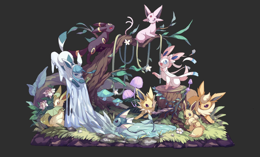 branch commentary_request eevee espeon evolutionary_line flareon flower gen_1_pokemon gen_2_pokemon gen_4_pokemon gen_6_pokemon glaceon grass grey_background highres ice jolteon lanjiujiu leafeon looking_down mushroom no_humans open_mouth pokemon pokemon_(creature) smile stone sylveon umbreon vaporeon water white_flower