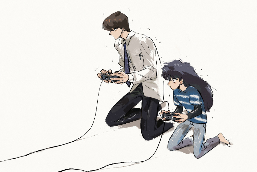2boys absurdres black_hair brothers brown_hair controller game_controller highres holding holding_controller kaiba_mokuba kaiba_seto multiple_boys playing_games siblings simple_background snowcupcake yu-gi-oh! yu-gi-oh!_duel_monsters