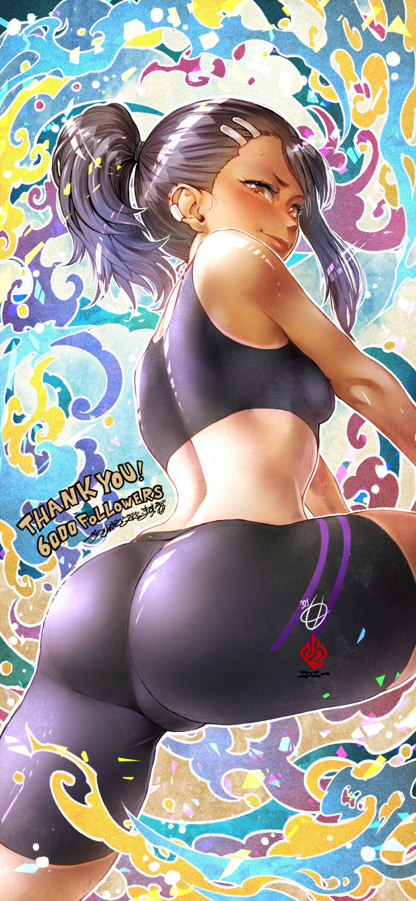 1girl absurdres amaguchi_chiyoko ass ass_focus bangs black_hair black_shorts brown_eyes closed_mouth dark-skinned_female dark_skin ear_clip from_behind highres ijiranaide_nagatoro-san light_blush looking_at_viewer milestone_celebration multicolored multicolored_background nagatoro_hayase one-piece_tan ponytail shiny shiny_hair shorts smirk solo sports_bra sportswear sweat sweatdrop tan tanlines thank_you tied_hair tight