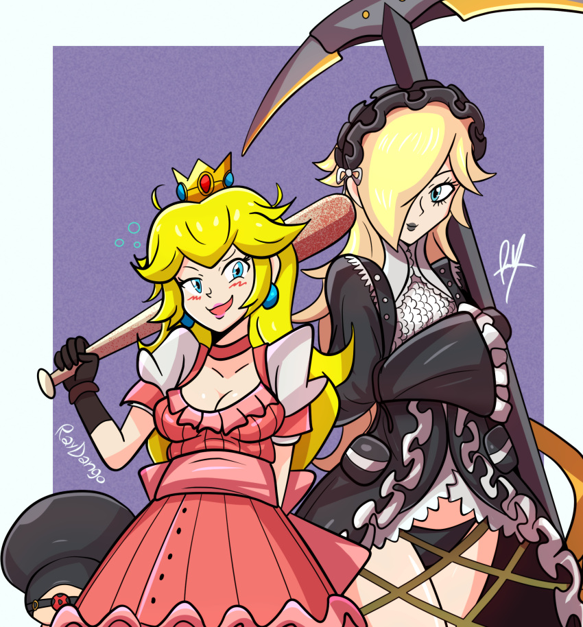 bad_girl bad_girl_(cosplay) ball_gag baseball_bat blonde_hair blood blue_eyes cosplay crown drunk gag gimp_suit green_eyes highres long_hair margaret_moonlight margaret_moonlight_(cosplay) mario_(series) no_more_heroes no_more_heroes_2 open_mouth raydango rosalina scythe super_mario_galaxy super_smash_bros. toad_(mario)