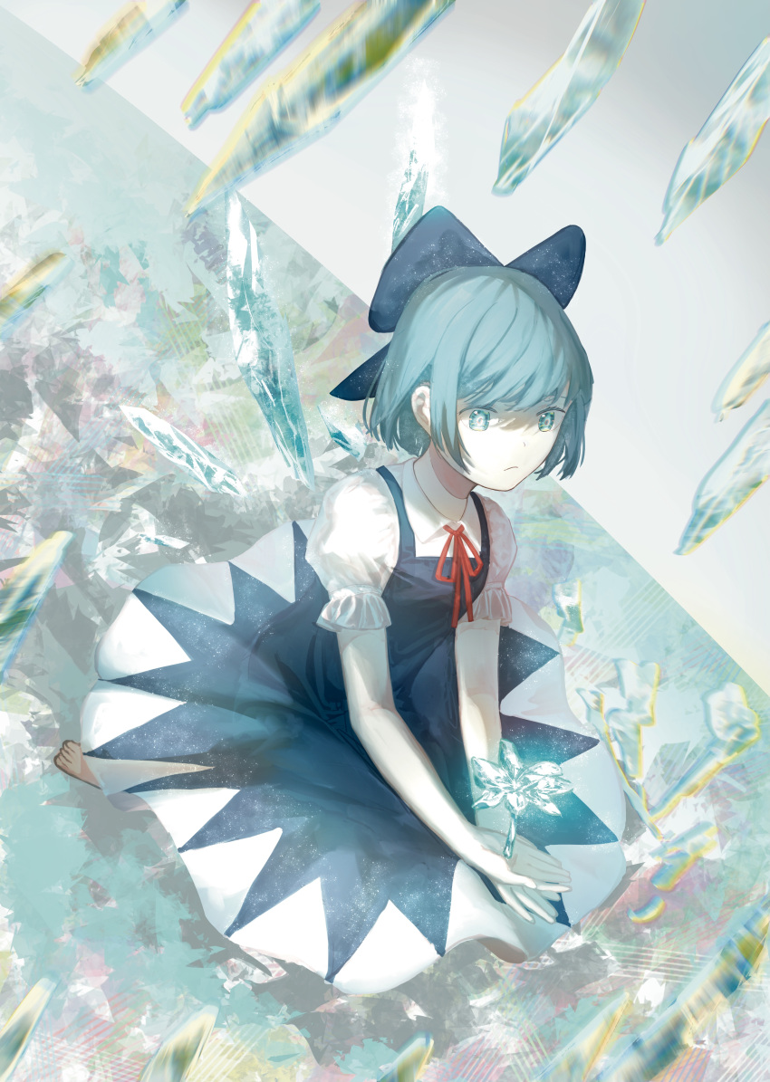 1girl absurdres bangs barefoot blue_bow blue_dress blue_eyes blue_flower blue_hair bow bowtie cirno closed_mouth collar collared_shirt crystal dress eyebrows_visible_through_hair flower gradient gradient_background grey_background hair_between_eyes highres ice ice_wings looking_to_the_side puffy_short_sleeves puffy_sleeves rainbow red_neckwear seiza shirt short_hair short_sleeves sitting sly930105 solo touhou water white_shirt wings