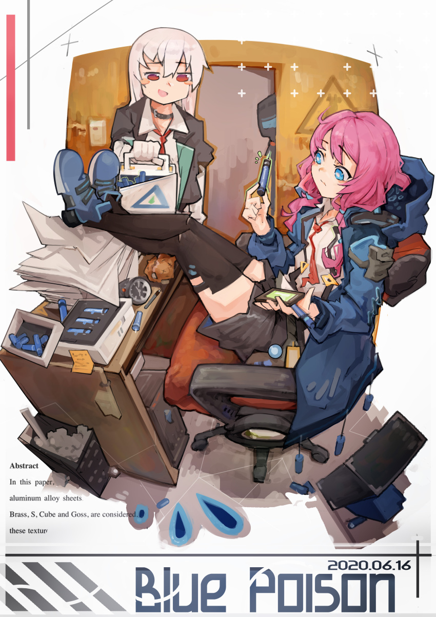 1boy 1girl 1other absurdres ambiguous_gender ansel_(arknights) arknights black_collar black_jacket black_legwear black_shorts blue_eyes blue_footwear blue_jacket blue_poison_(arknights) blush_stickers box cellphone chair character_name collar commentary dated doctor_(arknights) feet_on_table first_aid_kit full_body hair_between_eyes highres holding holding_phone holding_syringe hood hood_down hood_up jacket jumbowhopper korean_commentary mask mixed-language_commentary necktie office_chair open_clothes open_jacket paper_stack peeking phone pink_hair red_eyes red_neckwear shirt shorts sitting standing syringe thighhighs trash_can twintails white_shirt