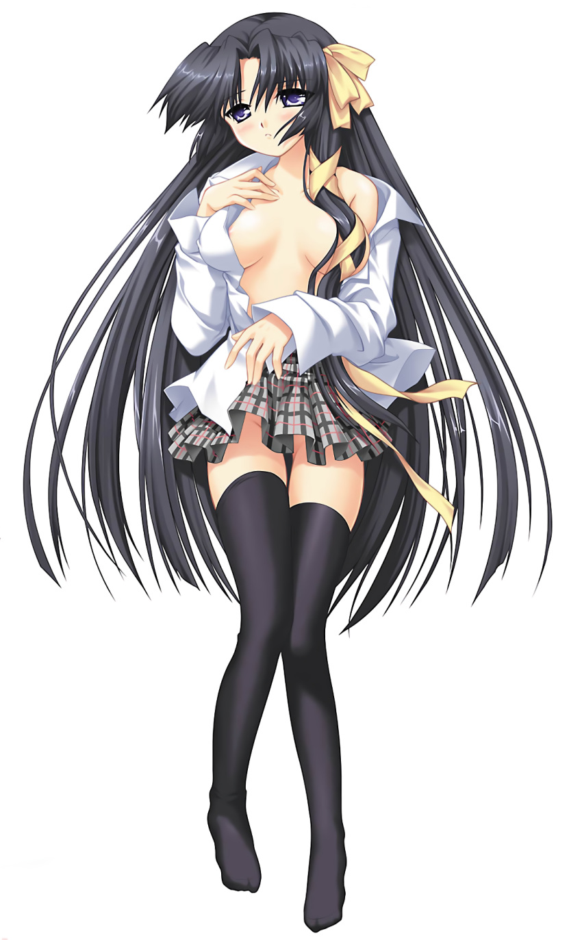 breasts hinoue_itaru key kurugaya_yuiko little_busters! no_bra nopan open_shirt seifuku thighhighs