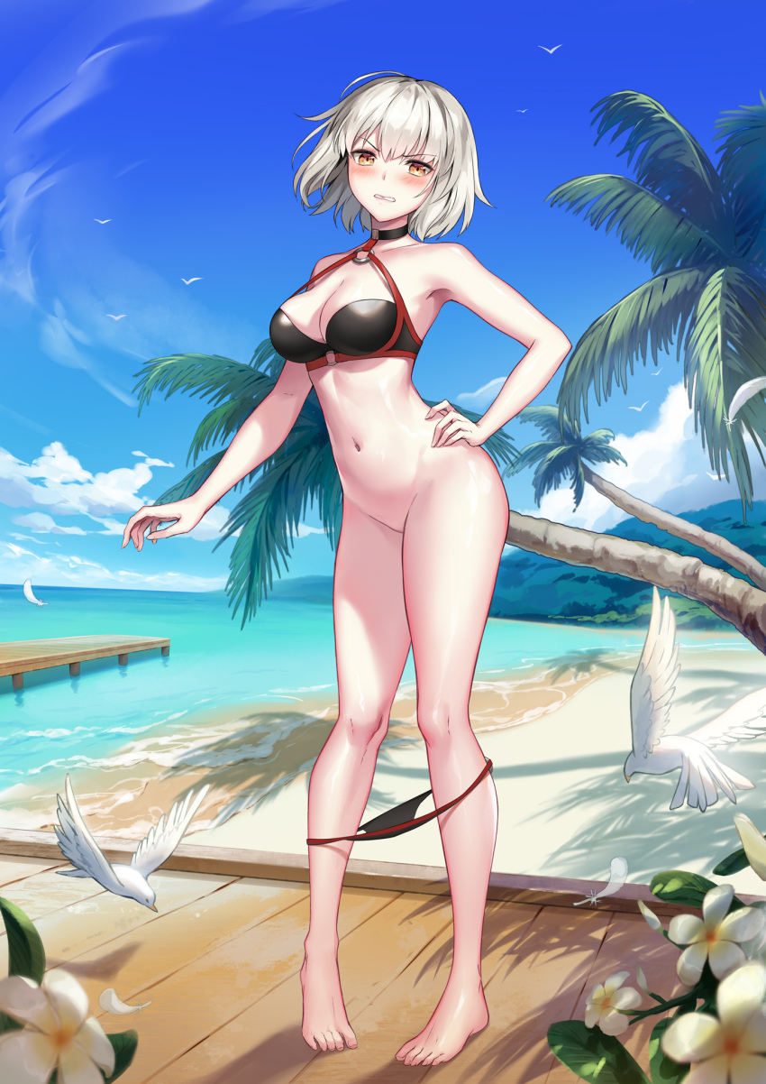 1991_(blz) 1girl beach bikini bikini_pull bird blonde_hair breasts cleavage clothes_pull contrapposto dutch_angle fate/grand_order fate_(series) flower forest groin hand_on_hip highres jeanne_d'arc_(alter)_(fate) jeanne_d'arc_(alter_swimsuit_berserker)_(fate) jeanne_d'arc_(fate)_(all) large_breasts nature navel ocean palm_tree sand short_hair solo strap_gap swimsuit tree yellow_eyes