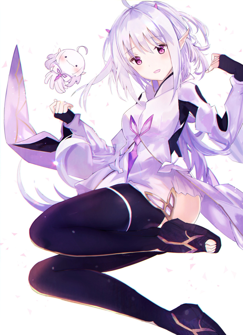 1girl ahoge ass black_sleeves clothes collared_shirt creature curled_fingers dedeko fate/grand_order fate/prototype fate_(series) fingerless_gloves full_body gloves highres long_hair merlin_(fate/prototype) open_mouth petals pink_eyes pointy_ears purple_hair shirt sidelocks simple_background solo thighhighs thighs toeless_footwear toes wavy_mouth white_background